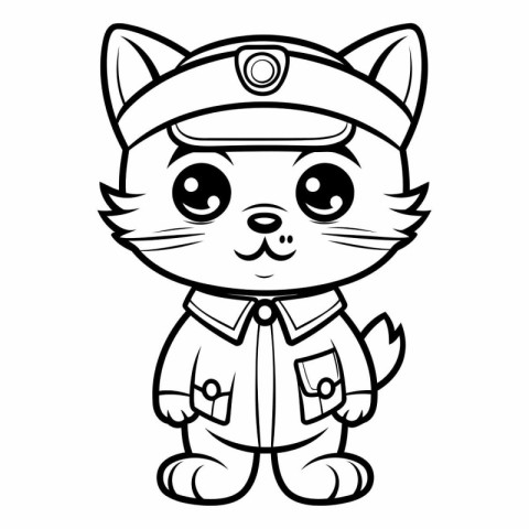 Black and White Cartoon Illustration of Cat Captain Character Co