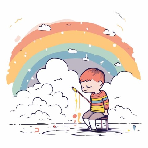 Cute little boy drawing rainbow in the sky.