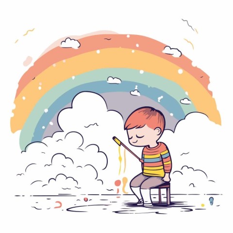 Cute little boy drawing rainbow in the sky.