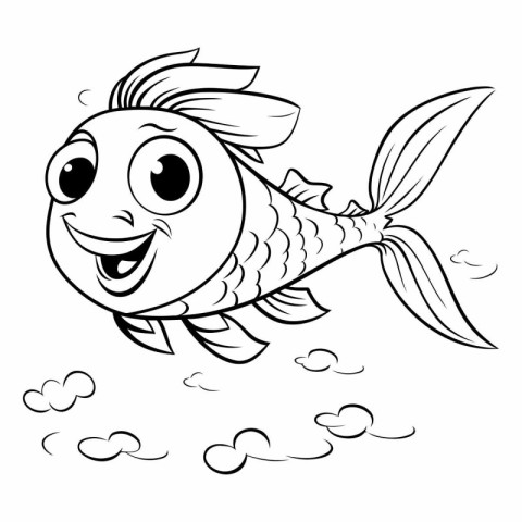 Black and White Cartoon Illustration of Cute Fish Animal Charact