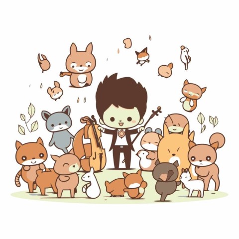 Little boy playing violin with group of cute animals.