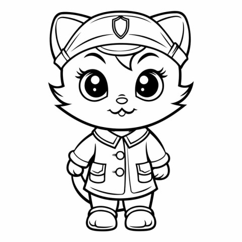 Black and White Cartoon Illustration of Cute Cat Captain Charact