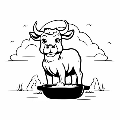 Vector illustration of a bull with a bowl of food in the field