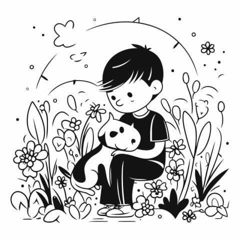 Cute little boy sitting in the garden with his dog.