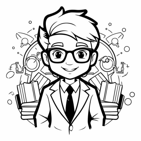 Black and White Cartoon Illustration of Student or Teacher for C