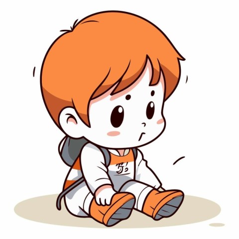 Cute little boy in sportswear sitting and smiling illustration.