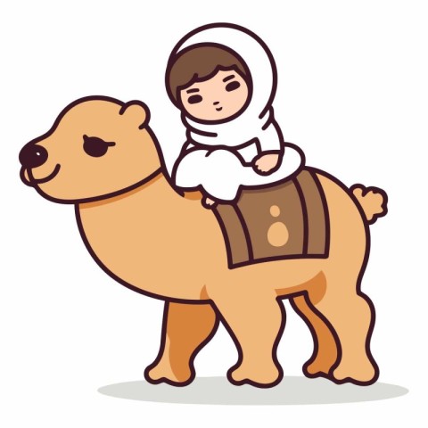 Cute little muslim girl riding camel. Cartoon vector illustratio