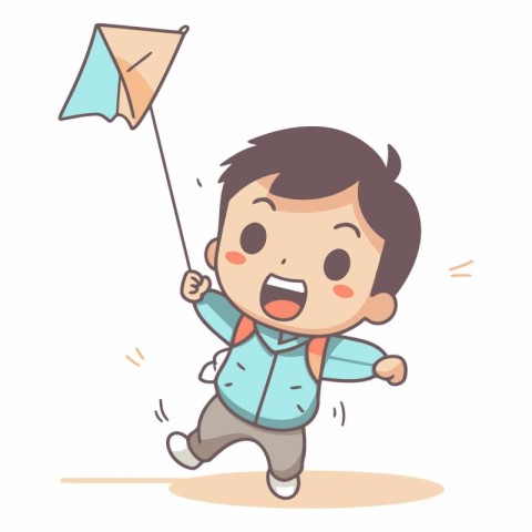 Boy playing with kite vector illustration. Cartoon boy playing w