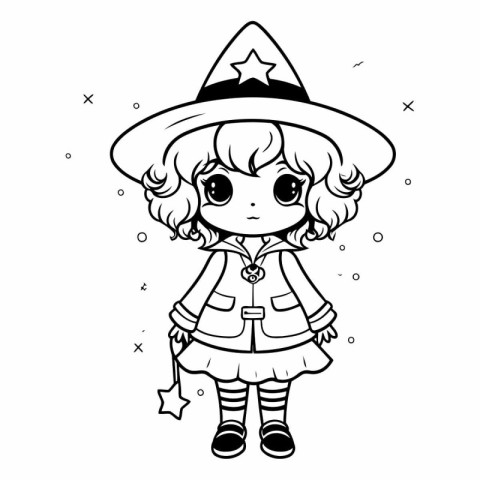 Black and white illustration of a cute witch girl in a hat. Colo