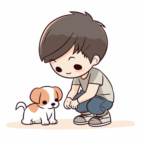 Cute little boy playing with his pet dog.