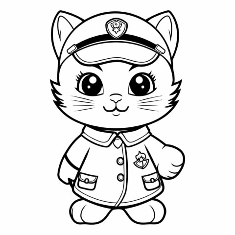 Black and White Cartoon Illustration of Cute Cat Police Officer