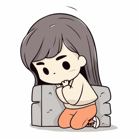 Illustration of a Little Girl Crying While Sitting on a Rock