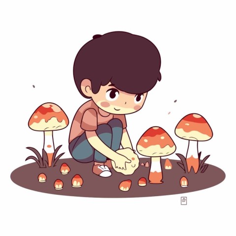 Little boy sitting on the ground and picking mushrooms.