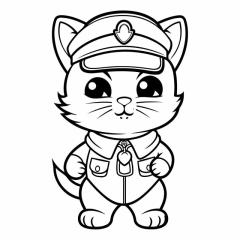 Black and White Cartoon Illustration of Cute Cat Police Officer