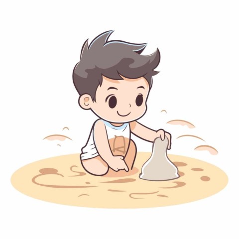 Cute little boy playing with sand on beach cartoon vector illust