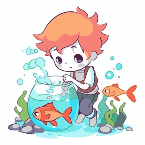 Boy and fish in aquarium of a boy and fish.