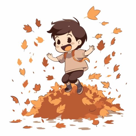 Boy with autumn leaves isolated on a white background.