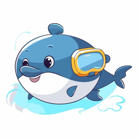 Cute cartoon whale with diving mask isolated on white background