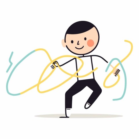 Cartoon boy with skipping rope in flat style.