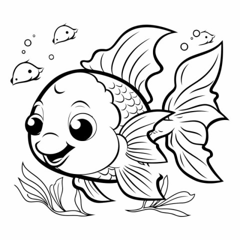 Cute cartoon goldfish. Black and white vector illustration for c