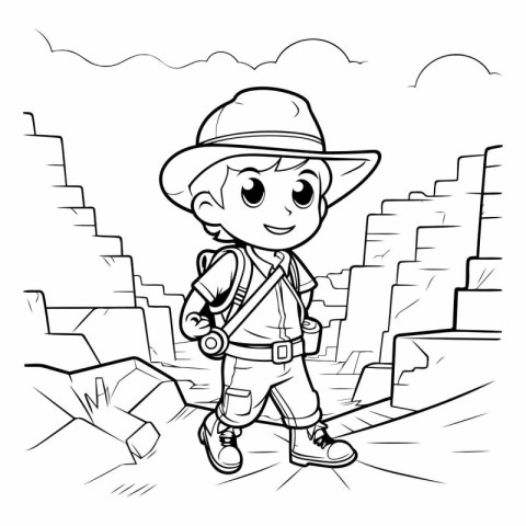 Boy explorer with binoculars - Coloring book page for adults