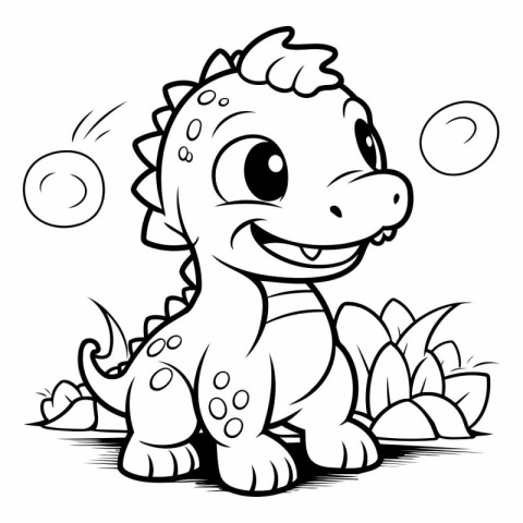 Cute Dinosaur - Black and White Cartoon Illustration. Vector Art