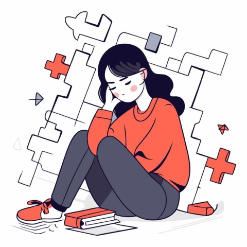 Sad girl sitting on the floor in front of a maze