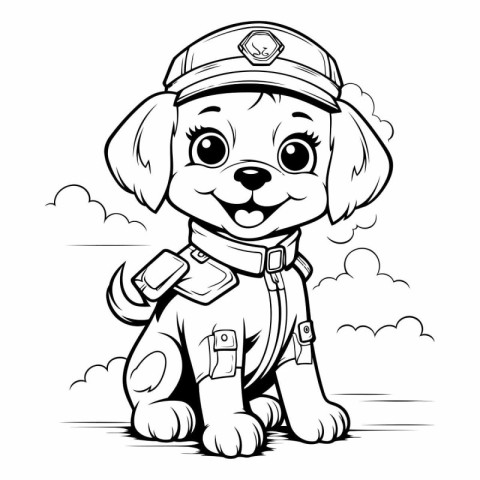 Black and White Cartoon Illustration of Cute Puppy Police Office