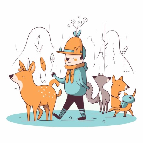 Cute little girl walking with foxes in the forest.