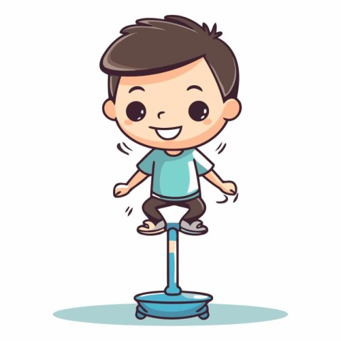 Boy balancing on weighing machine cartoon vector illustration. B