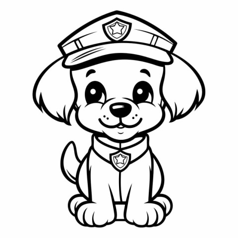 Black and White Cartoon Illustration of Cute Puppy Police Dog Ma