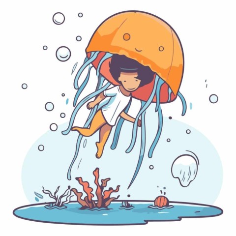 Little boy swimming in an orange jellyfish. Vector cartoon illus