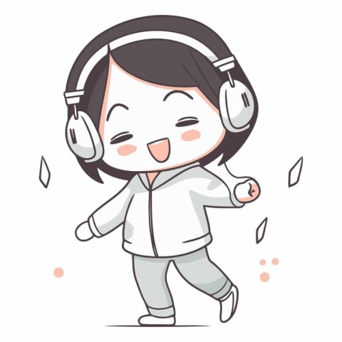 Illustration of a little girl listening to music with headphones