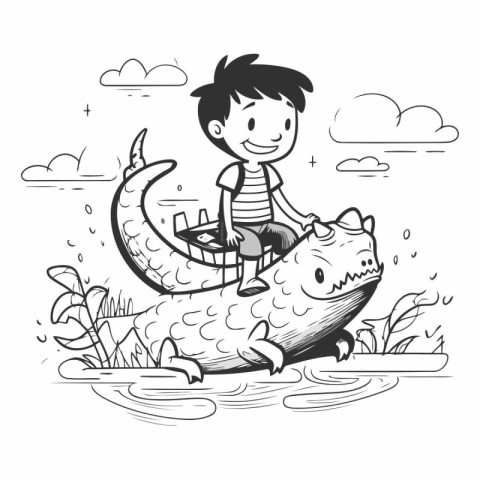 Boy playing with a crocodile in the park.