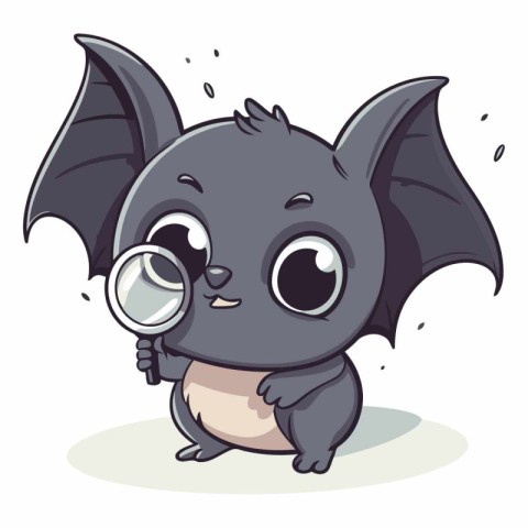 Bat with magnifying glass. Cute cartoon character.