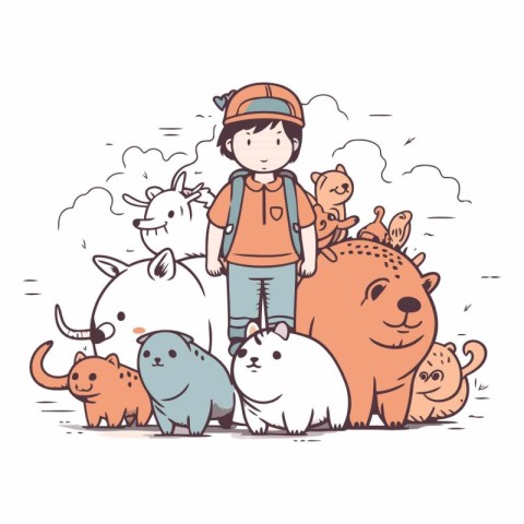 Cute boy with many animals in cartoon style.