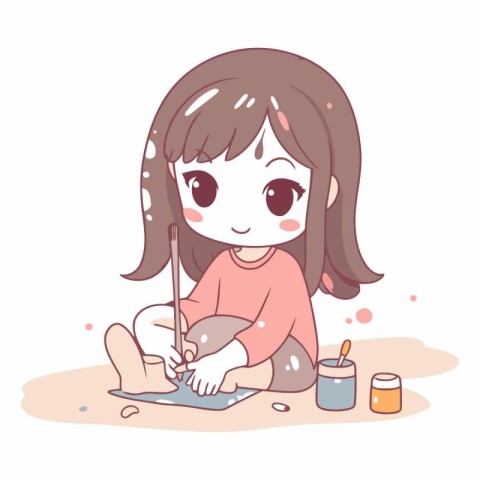 Illustration of a cute little girl painting a picture with her b