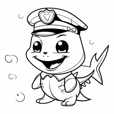 Black and White Cartoon Illustration of Cute Fish Sailor Charact