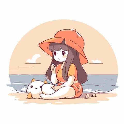 Illustration of a little girl sitting on the beach with her cat