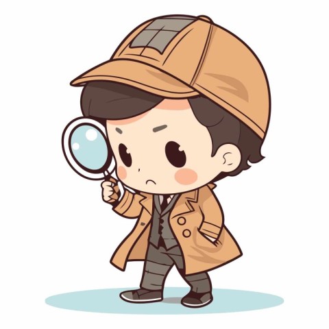 Cute boy with magnifying glass and brown coat.