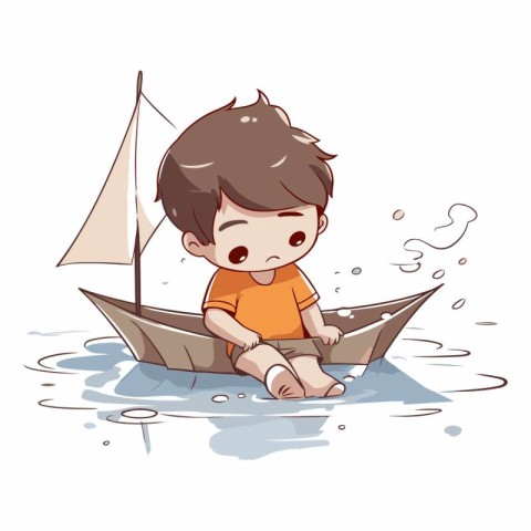 Cute little boy sitting on boat in the sea.