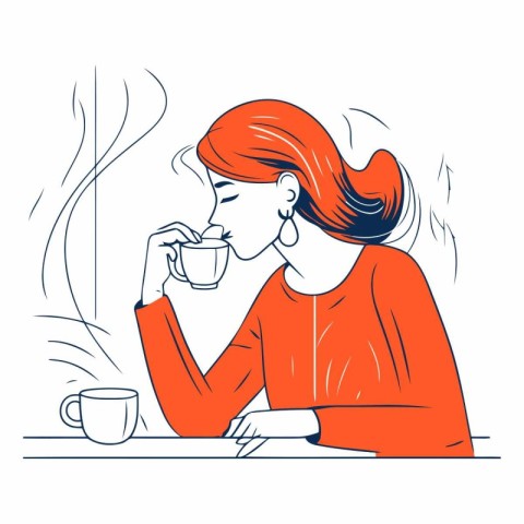 Vector illustration of a woman drinking coffee at the table in t