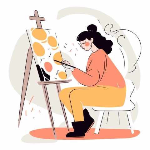 Female artist drawing picture on easel. Woman sitting on chair.