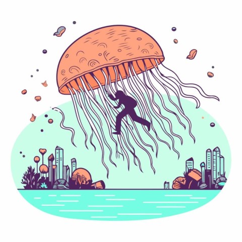 Jellyfish jumping over the sea in flat style.