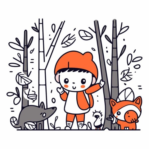 Cute little boy walking in the forest. Cute cartoon vector illus