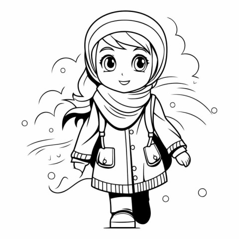 Cute little girl in winter clothes for coloring book.