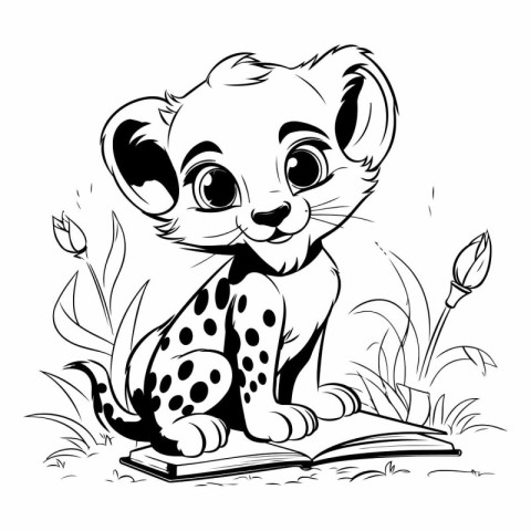 Cute cartoon baby leopard sitting on a book.