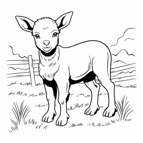 Black and white vector illustration of cute little lamb standing