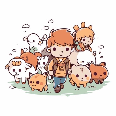 Cute little boy walking with a group of farm animals.