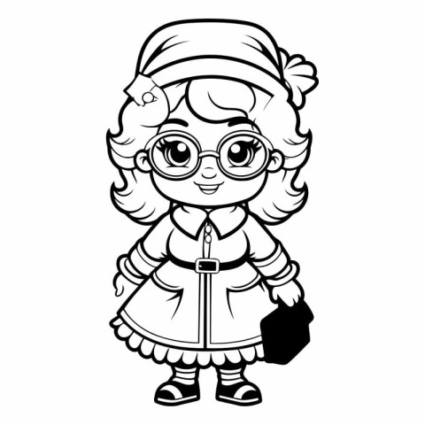 Cute Cartoon Pirate Girl - Black and White Vector Illustration f